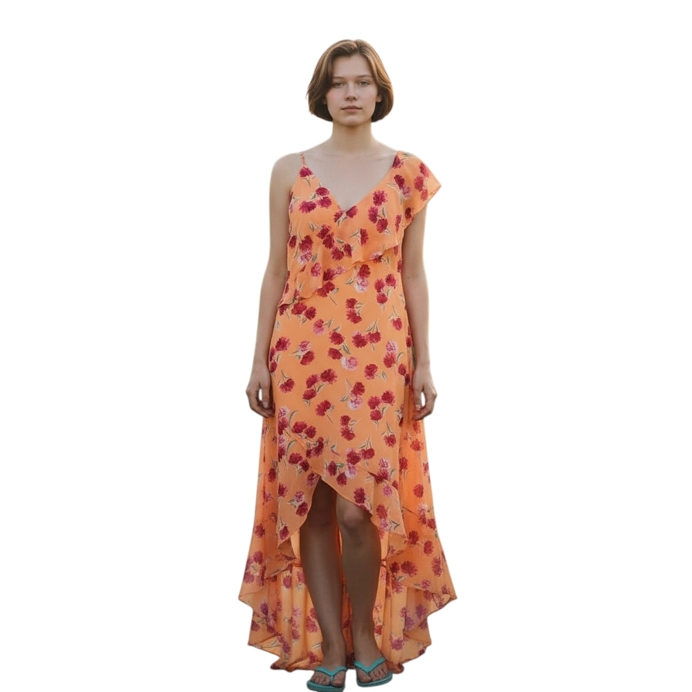 Lulus Floral Sleeveless Dress in Orange and Pink Hi Lo Ruffled Size XL